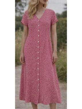 Vtg April Cornell Dress Rose Pink Floral Button A-line Midi Dress Cottagecore XS